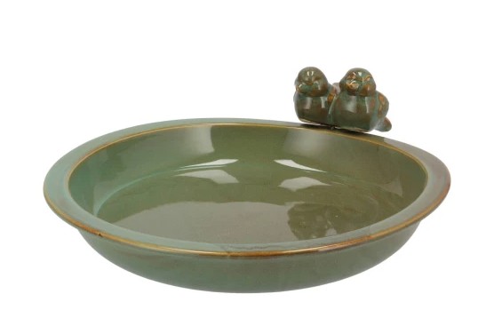 IRON STONE BIRD BOWL GLAZED GREEN  