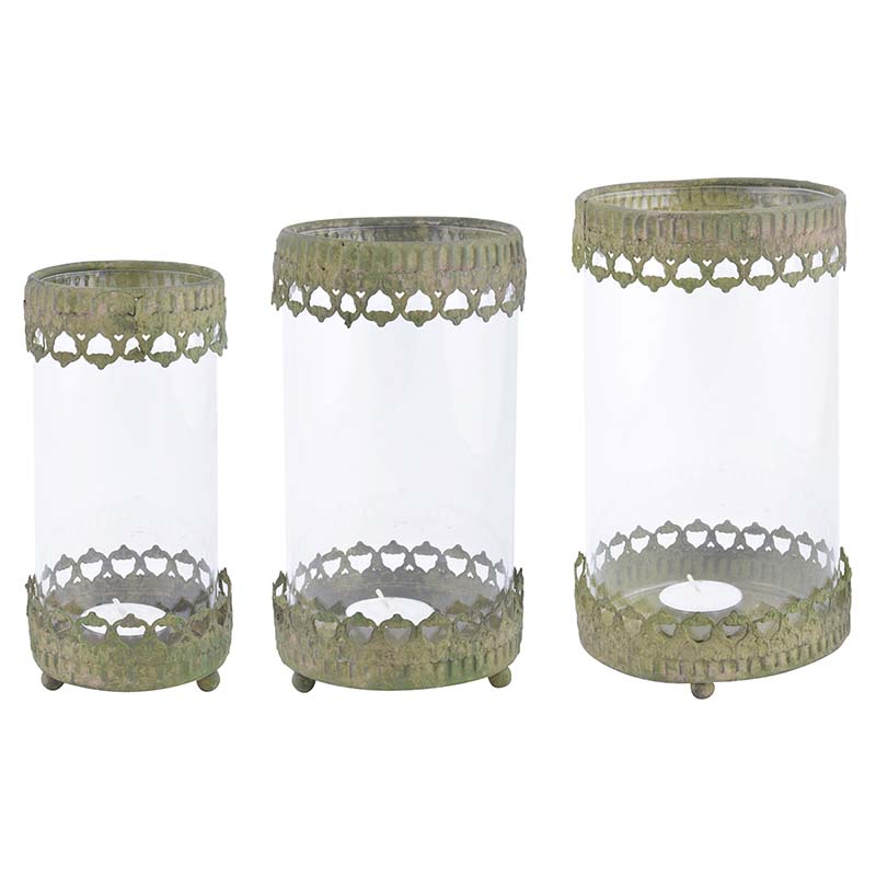 Aged Metal Green windlicht set van 3 Aged Metal Green windlicht set van 3