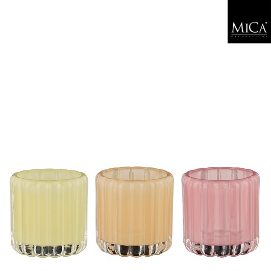 Theelicht houder glas l.geel l.roze oranje 3 assorti - h8,5xd9cm