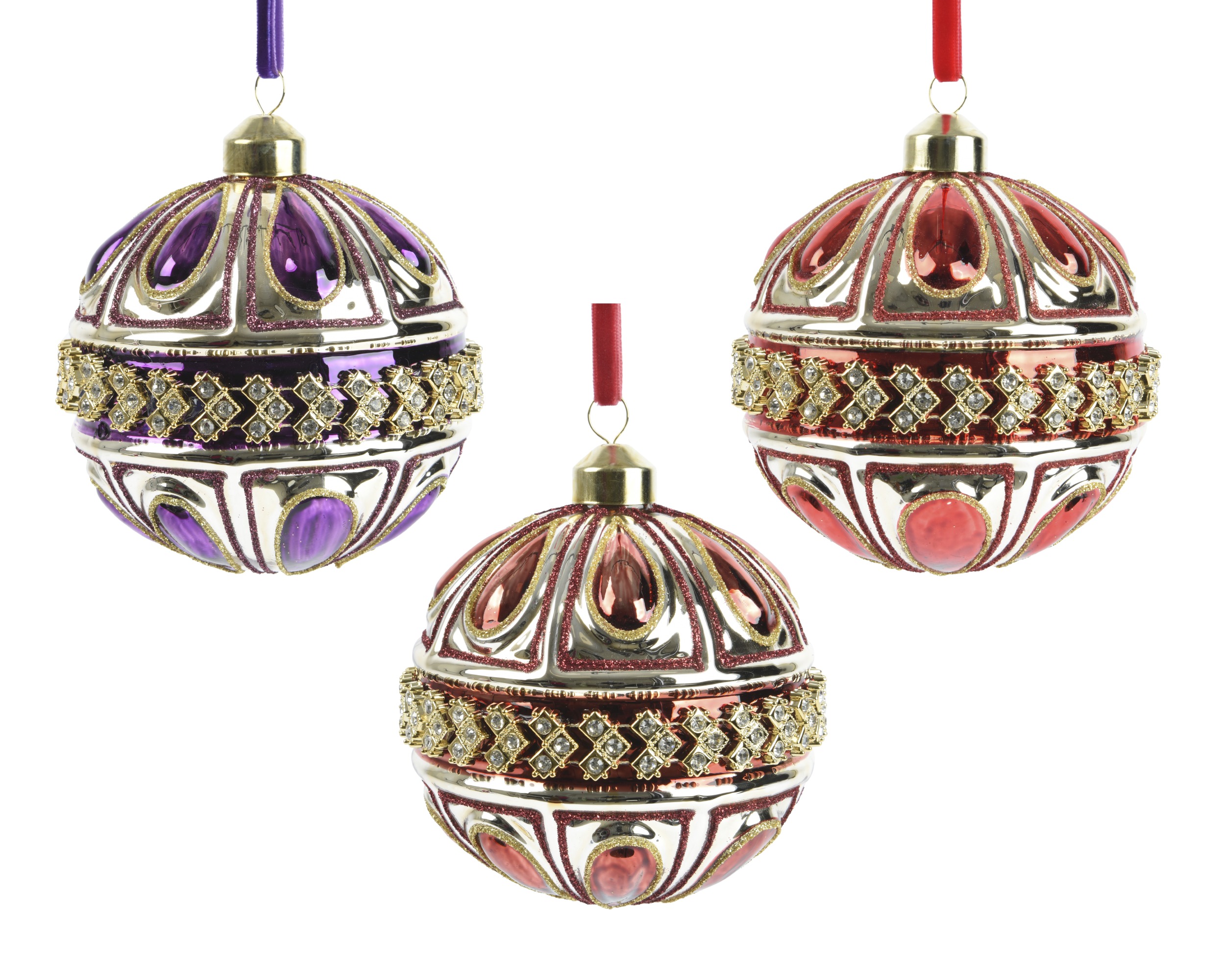 Kerstballen glas shiny w beads 3col ass