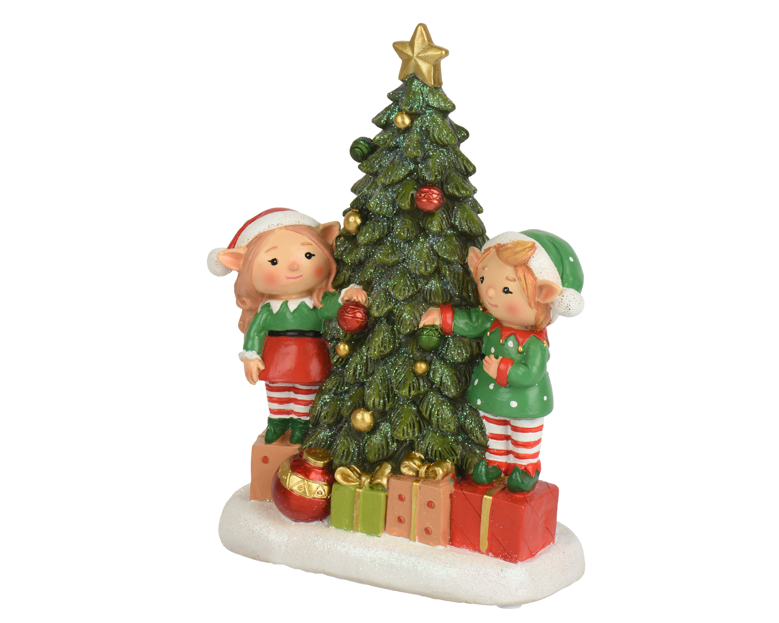 Muziekdoos polyresin scenery 2 elfs w xmas tree