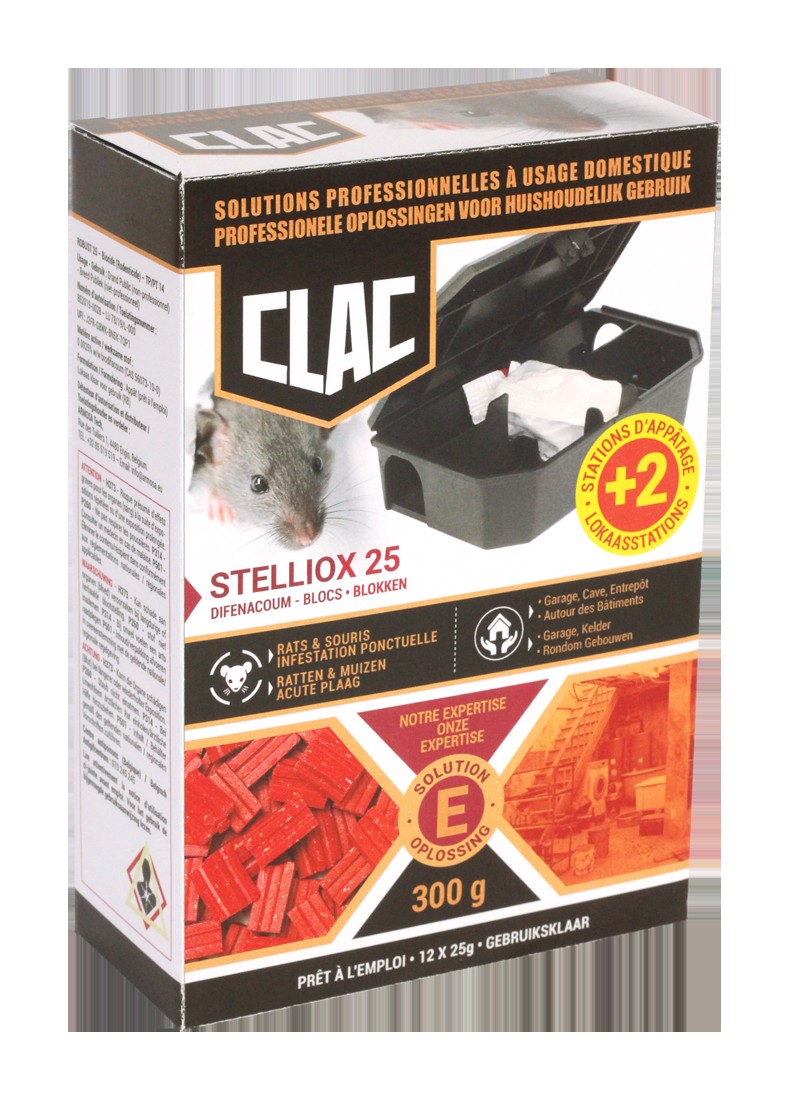 CLAC - STELLIOX 25 Waterbestendige Blokken Ratten & Muizen -
station Muizen + 2 lokdozen CLAC - STELLIOX 25 Waterbestendige Blokken Ratten & Muizen -
station Muizen + 2 lokdozen