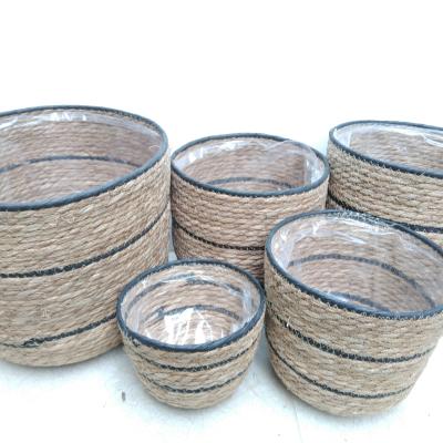 SEAGRASS LAOS STRAW BASKET NATURAL BLACK STRIPE