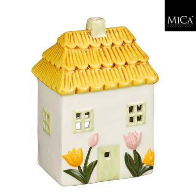 Theelicht houder huis geel - l12,5xb9xh17,5cm